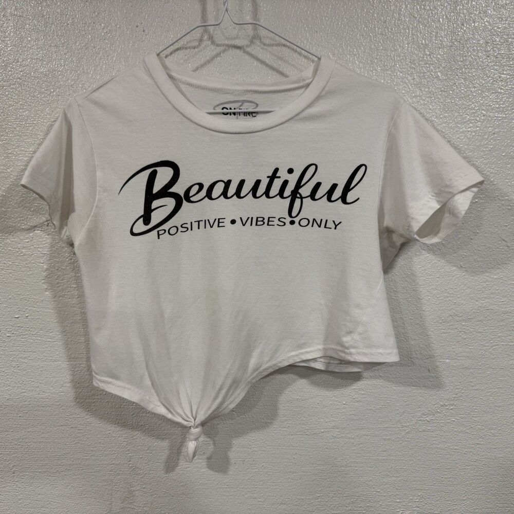 On Fire Girls Small White Crop Top T-Shirt Beautiful Positive Vibes Knot Front